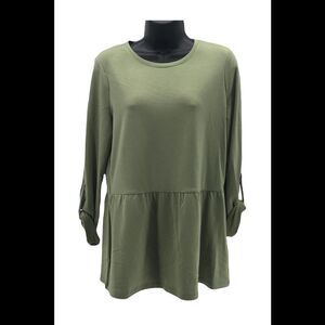 Denim & Co. French Terry 3/4 Sleeve Peplum Top Moss - Regular